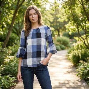 Ro De Top Blue Plaid Bow Back Blouse